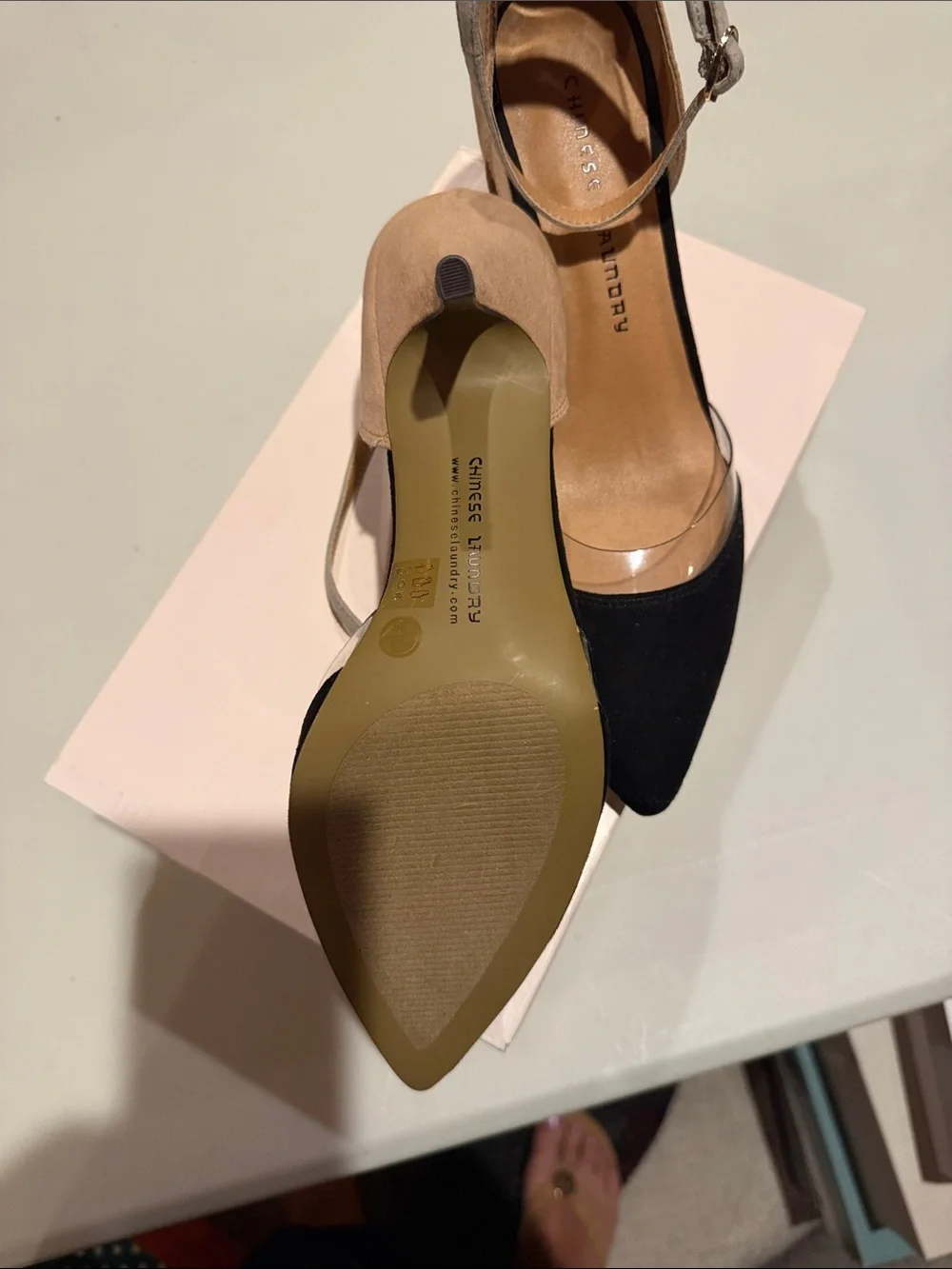 Chinese Laundry Black Pointed Clear-Strap Ankle Pumps